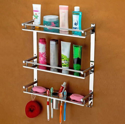 Bathroom Shelf Rack Stainless Steel - fully loaded with products