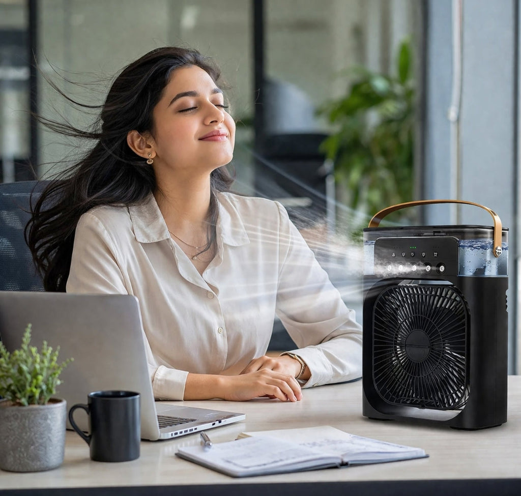 Portable Air Cooler Fan - woman enjoying cool breeze at office