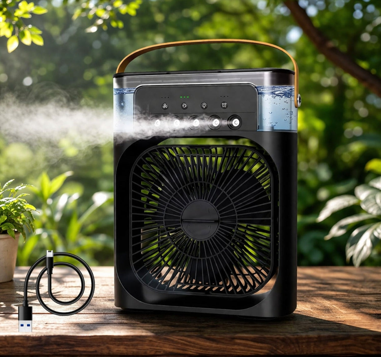 Portable Air Cooler Fan - outdoor lifestyle with USB cable