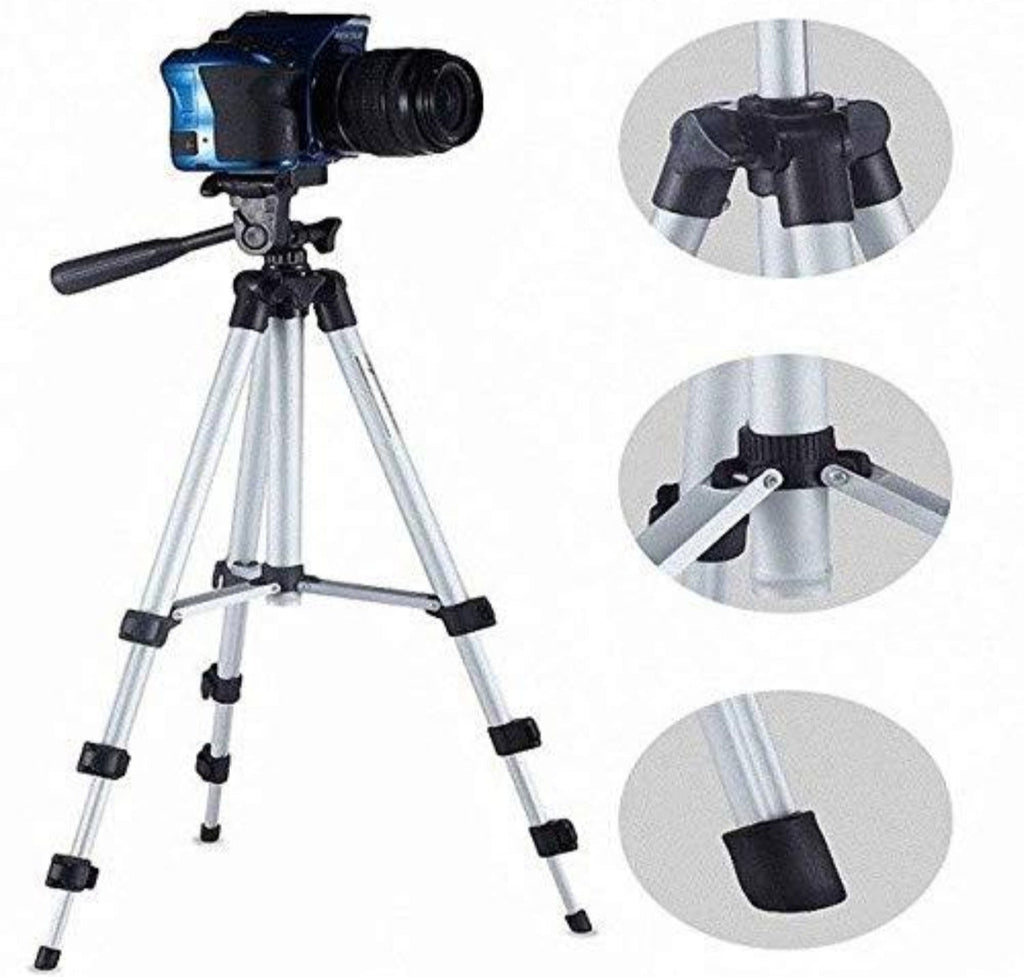 Portable Camera Tripod - full height with camera and detail circles