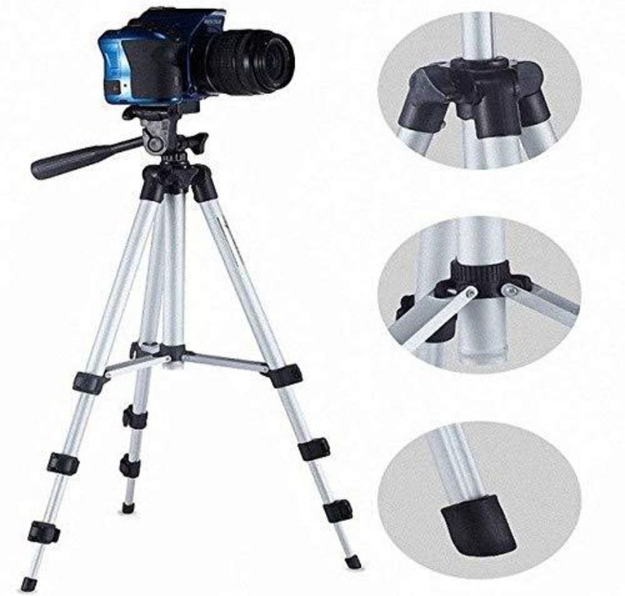 Portable Camera Tripod - full height with camera and detail circles