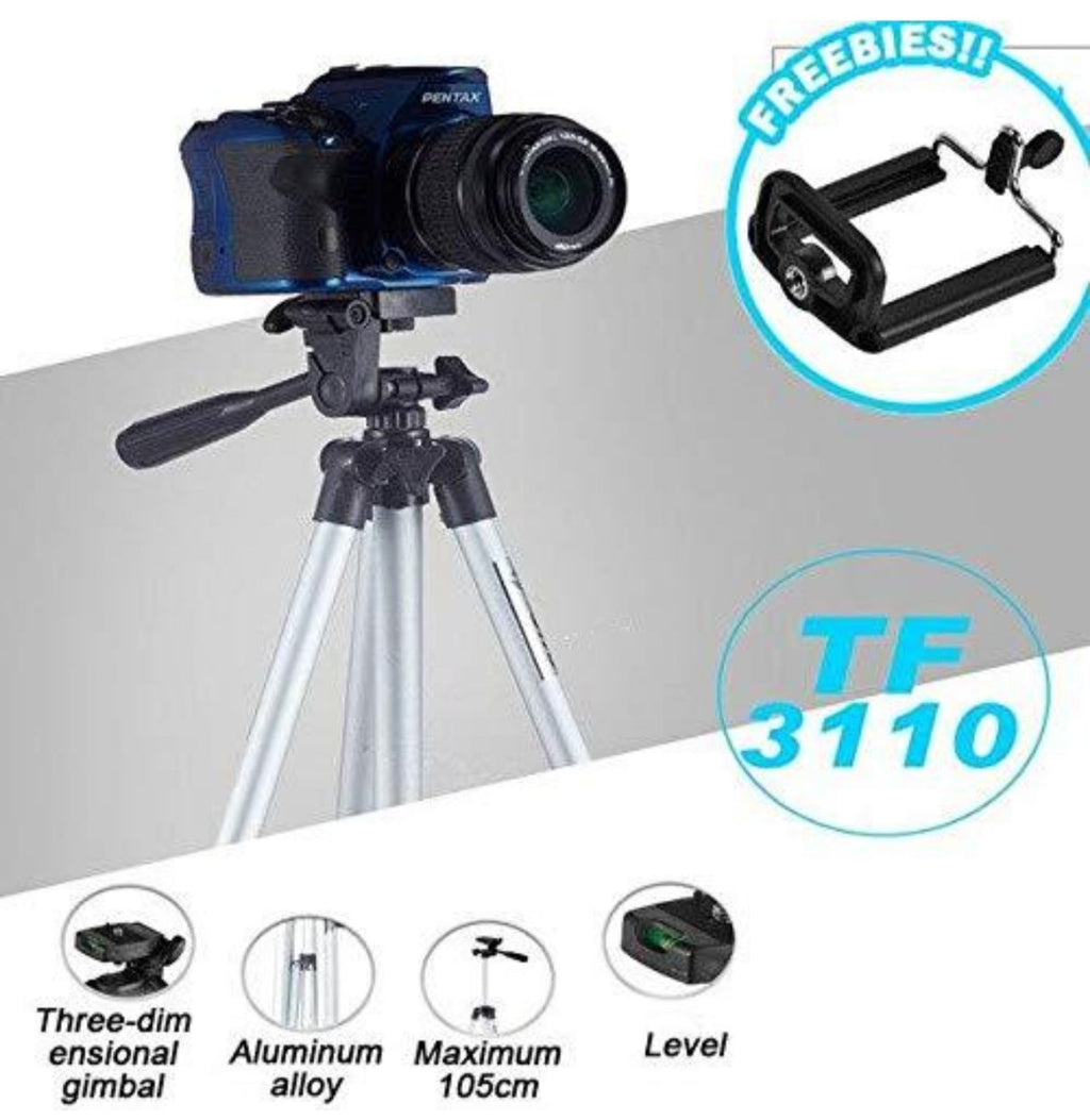 Portable Camera Tripod - TF3110 with camera and phone holder specs