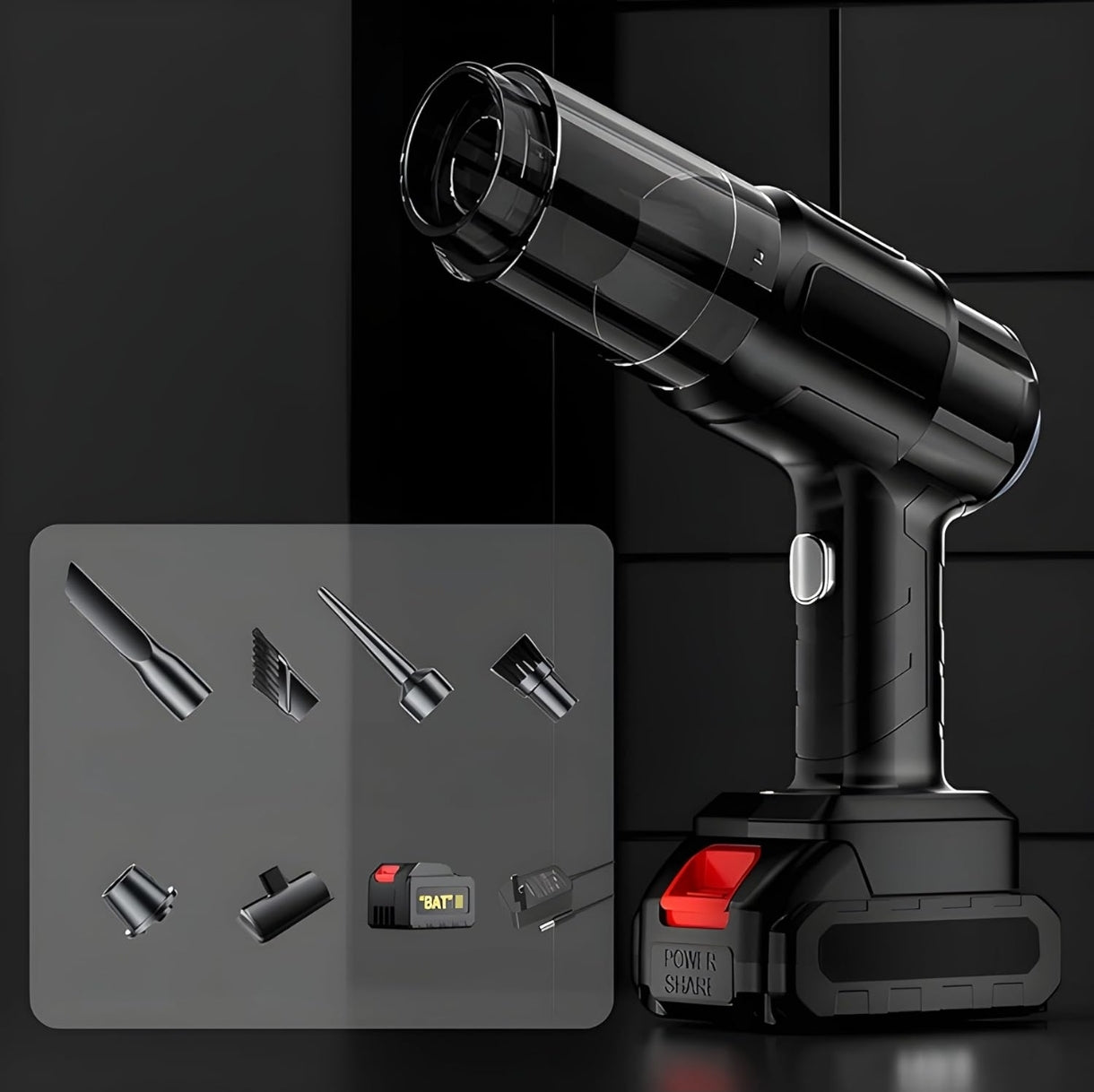 Wireless Handheld Vacuum Cleaner - attachments layout dark background